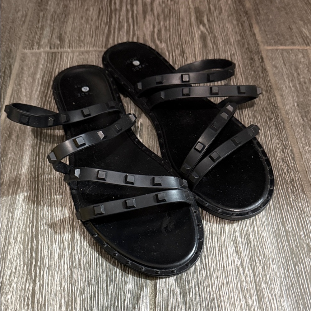 Shade & Shore Black Studded Multi-Strap Slide Sandals